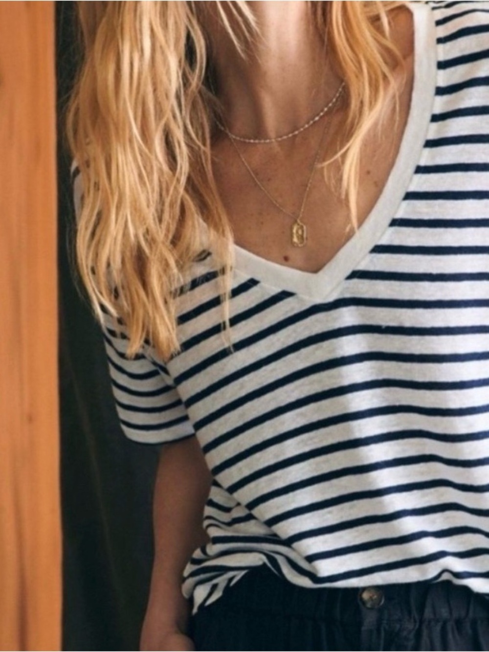 Faherty Navy and White Linen Striped Top